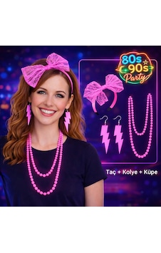 80 Ler 90 Lar Neon Pembe Parti Seti Kolye Küpe Taç 80 Ler 90 Lar Neon Pembe Parti Seti Kolye Küpe Taç