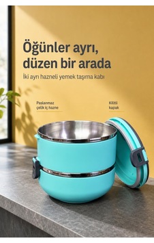 İki Ayrı Hazneli Kilitli Kapaklı Paslanmaz Çelik Sefer Tası Yemek Taşıma Kabı Çok Renkli