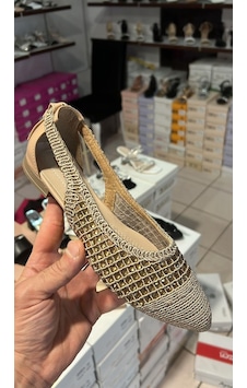 Nesil Shoes Ceylan 230 Nude Taşlı Hasır Kadın Babet-Nude Ten