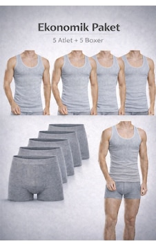 Qulat Erkek Atlet Boxer Seti 10 Lu Ekonomik Paket 5 Atlet + 5 Boxer Pamuklu İç Giyim Gri Qulat Erkek Atlet Boxer Seti 10 Lu Ekonomik Paket 5 Atlet + 5 Boxer Pamuklu İç Giyim Gri