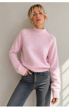Park Karon Kadın Dik Yaka Reglan Kol Pamuklu Triko Kazak 8757sw Pembe