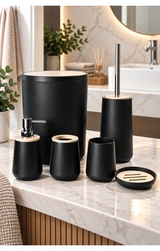 Eva 6 Parça Bambu Detaylı Banyo Seti Siyah Eva 6 Parça Bambu Detaylı Banyo Seti Siyah
