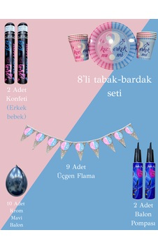 Cinsiyet Partisi Kutlama Seti Konfeti,Tabak-Bardak,Flama,Balon