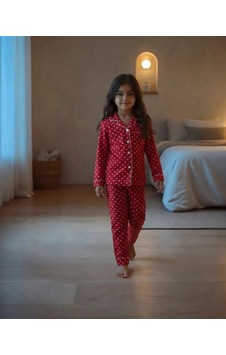 Dolaş Kids Kız Çocuk Kırmızı Kalp Desenli Önden Düğmeli Pijama Takımı 2
