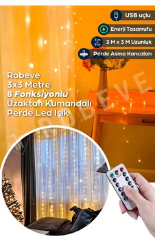 3x3 Metre Usb Peri Led Kumandalı Perde Asma Kancalı Peri Led Yılbaşı Led Gün Işığı Led Işık 8 Modlu
