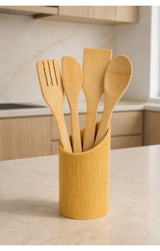 5 Parça Bambu Servis Seti Kaşıklık Standlı Kaşık Spatula Servis Çatalı Mutfak Gereçleri Ahşap Kaşık