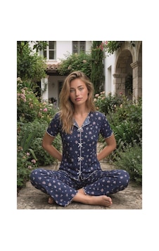 Eyfuze Kadın Baskılı Fiyonk Detaylı Raporlu Kaşkorse Kısa Kollu Pijama Takımı Lacivert
