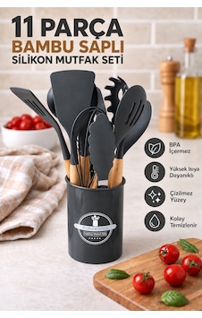 11 Parça Bambu Saplı Isıya Dayanıklı Silikon Mutfak Gereçleri Seti Kepçe Spatula Maşa Çırpıcı Gri 11 Parça Bambu Saplı Isıya Dayanıklı Silikon Mutfak Gereçleri Seti Kepçe Spatula Maşa Çırpıcı Gri