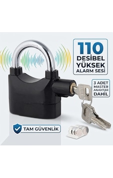 Siyah Alarmlı Asma Kilit - 110 Db Yüksek Sesli Çok Amaçlı Güvenlik Kilidi, 3 Anahtarlı
