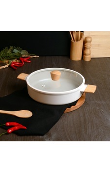 Belarıva 28 Cm Beyaz Ahsap Saplı Basık Tencere Beyaz