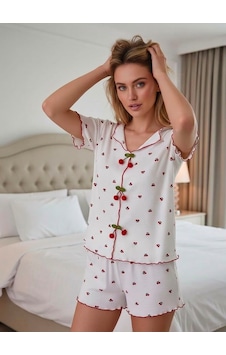 Miressa Kirazlı Pijama Takımı Beyaz - Kırmızı Miressa Kirazlı Pijama Takımı Beyaz - Kırmızı