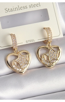 Pirinç Gold Renk Zirkon Taşlı Kalp Model Ay Yıldız İşleme Kadın Küpe 11024558 Pirinç Gold Renk Zirkon Taşlı Kalp Model Ay Yıldız İşleme Kadın Küpe 11024558