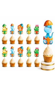Dinozor Cupcake Süsü 10'lu Kürdan Süs Baby Dino Doğum Günü Parti Kek Süsü