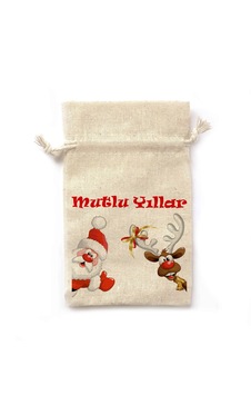Yılbaşı Temalı 10 Ad Amerikan Bez İpli Hediye Kesesi Komik Noel Baba Ve Geyik Desenli 8,5x12,5 Cm 8,5 Cm X 12,5 Cm