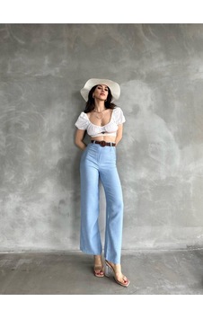 Tane Tasarım Beli Kemerli Keten Pantolon Mavi Mavi Tane Tasarım Beli Kemerli Keten Pantolon Mavi Mavi