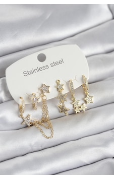 316l Çelik Gold Renk 6'lı Set Zincirli Yıldız Modelli Kadın Küpe Çok Renkli 316l Çelik Gold Renk 6'lı Set Zincirli Yıldız Modelli Kadın Küpe Çok Renkli