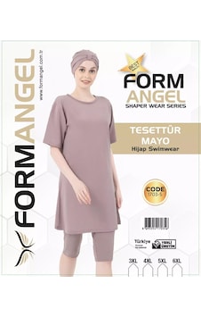 Form Angel Kadın Düz Renk Büyük Beden Kısa Kollu Likralı Tesettür Mayo Pudra