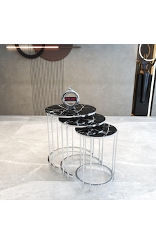 Lioon Art Gümüş Metal Ayaklı Temperli Cam 3'lü Zigon Sehpa