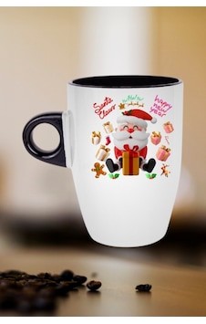 Noel Baba Happy Christmas Baskılı Kupa Bardak Porselen Latte Filtre Kahve Fincanı Siyah