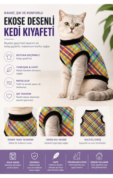 Renkli Ekose Kedi Kıyafeti Rahat Kalıp Günlük Kullanım Kedi Tişörtü Renkli Ekose Kedi Kıyafeti Rahat Kalıp Günlük Kullanım Kedi Tişörtü