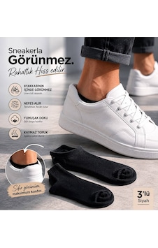 Erkek Üçlü Sneaker Görünmez Çorap Siyah Erkek Üçlü Sneaker Görünmez Çorap Siyah