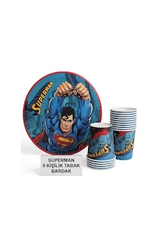 Superman Temalı Doğum Günü Parti Seti - 8 Kişilik Tabak Ve Bardak Seti Tabak + Bardak Lacivert Tüm Yaşlar
