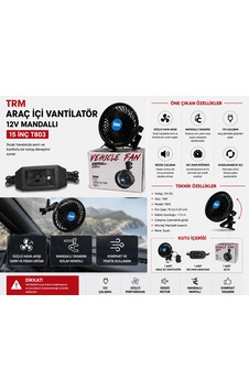 Trm Araç İçi Vantilatör 12v Mandallı 15 İnç Hız Ayarlı Siyah T803 -