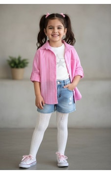 Miniğimin Cicileri Yıldız Detaylı Badi Ve Çizgili Kız Çocuk Gömlek - Pembe Miniğimin Cicileri Yıldız Detaylı Badi Ve Çizgili Kız Çocuk Gömlek - Pembe