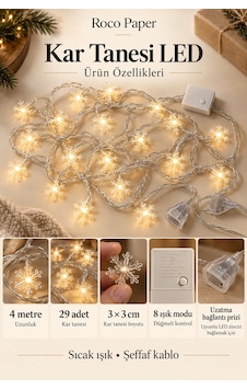 Yılbaşı Kar Tanesi Led Işık 29 Adet , 4 Metre - 8 Fonksiyonlu, Yeniyıl Ağacı Süsü, Şeffaf Kablolu Yılbaşı Kar Tanesi Led Işık 29 Adet , 4 Metre - 8 Fonksiyonlu, Yeniyıl Ağacı Süsü, Şeffaf Kablolu