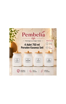 4 Lü Bambu 750 Ml Kapaklı Porselen Çay Şeker Türk Kahve Tuz Saklama Kavanoz Seti Bakliyat Kavanoz Beyaz Beyaz