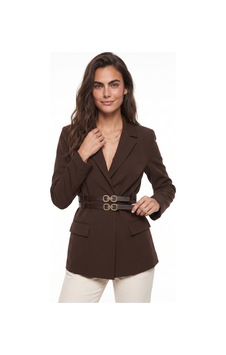 Onloox Kadın Acı Kahve Acı Kahve Polyester Klasik Yaka Klasik Kesim Astarlı Çift Kemer Detaylı Blazer Ceket Acı Kahverengi