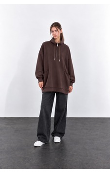 Mitodo Oversize Dik Yaka Fermuarlı Cepli Premium Modal Düşük Kol Kadın Sweatshirt Tunik Kahve