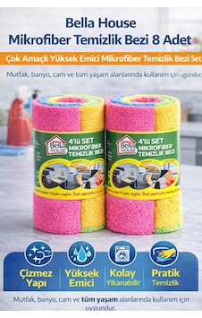 Bella House Mikrofiber Temizlik Bezi 8 Adet 4'lü 2 Rulo Çok Amaçlı Yüksek Emici Mikrofiber Temizlik Bezi Seti Çok Renkli