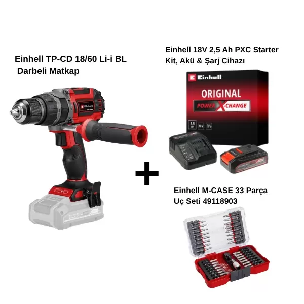 Einhell Tp-cd 18/60 Li-i Bl Tek Akülü 2.5 Ah Darbeli Matkap + Einhell M Case 33 Parça Uç Seti 49118903