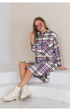Polologin Butik Mor Beyaz Ekoseli Kışlık Gömlek Elbise Mor Polologin Butik Mor Beyaz Ekoseli Kışlık Gömlek Elbise Mor