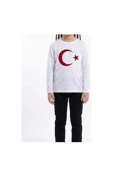 Es Eyüp Selda Kız Çocuk Ay Yıldız Türk Bayraklı Uzun Kollu Tişört Beyaz
