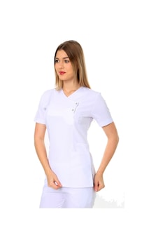 İba Medikal Beyaz Modern Doktor Hemşire Çıtçıtlı Likralı Takım Ribanalı