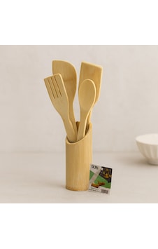 Ahşap Bambu Mutfak Servis Seti - Kaşık, Çatal, Spatula Ve Stand Altın