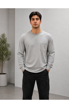 Bisiklet Yaka Gri Sweatshirt Uzun Kollu Kışlık 2 İplik