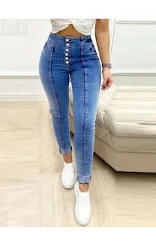 Kadın Rahat Kullanım Yüksek Bel Önden Düğmeli Jean Pantolon Lacivert Kadın Rahat Kullanım Yüksek Bel Önden Düğmeli Jean Pantolon Lacivert