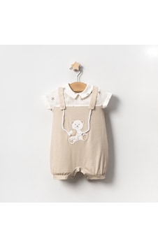 Lamato Baby Yazlık Yıldız Baskılı Ayıcık Nakışlı İpli Bebe Erkek Tulum Bej