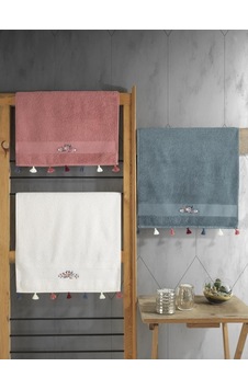 Cotton Box %100 Pamuk 3'lü Nakışlı Püsküllü Havlu Seti G.Kurusu-E