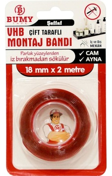 Bumy Vhb Çift Taraflı Montaj Bandı Şeffaf 18mm X 2mt Bumy Vhb Çift Taraflı Montaj Bandı Şeffaf 18mm X 2mt