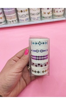 Renkli Yaldızlı Vintage Washi Tape Bant Yapışkanlı Maskeleme Kağıdı 5 Lı - Işıltı