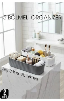 5 Bölmeli Banyo Ve Makyaj Organizer Kutusu Gri & Beyaz 2 Li Set Tezgah Üstü Düzenleyici