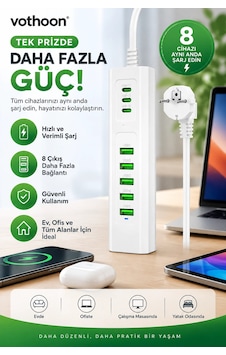 8 Portlu Çoklu Usb Şarj İstasyonu 5 Usb + 3 Type-c Masaüstü Çoklu Şarj Cihazı 1
