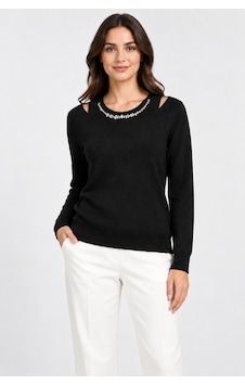 Bihan Store Kadın Yakası Taş Detaylı Omuzları Açık Şık Kazak W27-2900-siyah Bihan Store Kadın Yakası Taş Detaylı Omuzları Açık Şık Kazak W27-2900-siyah