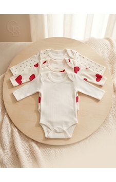 Genel Marka Genel Markalar 3lü Body Set Beyaz, Beyaz Kırmızı Kalpli, Beyaz Çiçekli