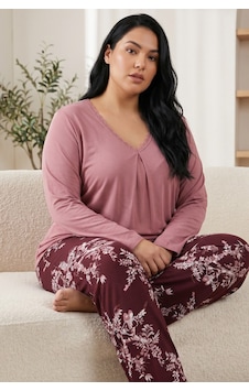 Siyah İnci Pamuklu Likralı Büyük Beden Battal Boy Örme Pijama Takım26240928 GÜL KURUSU