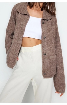 Ersefa Kadın Modern Tarz Oversize Polo Yaka Regular Triko Hırka Vizon Ersefa Kadın Modern Tarz Oversize Polo Yaka Regular Triko Hırka Vizon